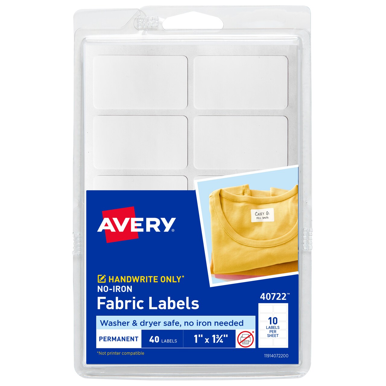 Avery No-Iron Fabric Labels, 1" x 1-3/4", Washer and Dryer-Safe Waterproof Labels, Non-Printable, 40 Blank Labels Total (40722)